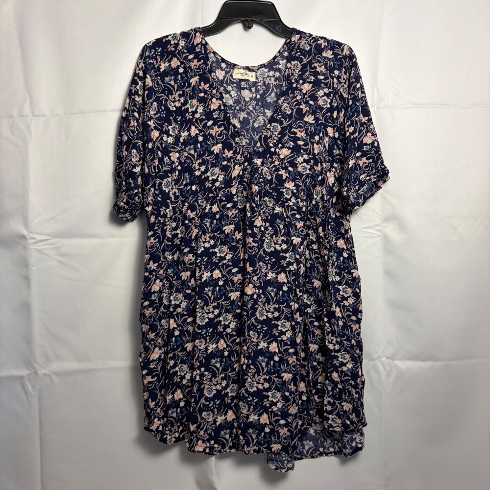 Natural Life Navy Blue Floral Babydoll Dress V-Neck Boho Short Sleeve Medium